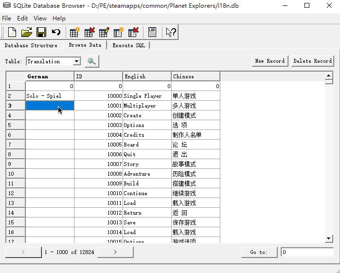 Language spreadsheet in SQLite